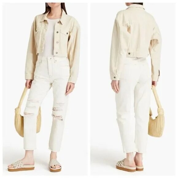 Frame Denim Denim - FRAME Le Original High Rise Straight Fit Distressed Jeans Off-White Rips 28